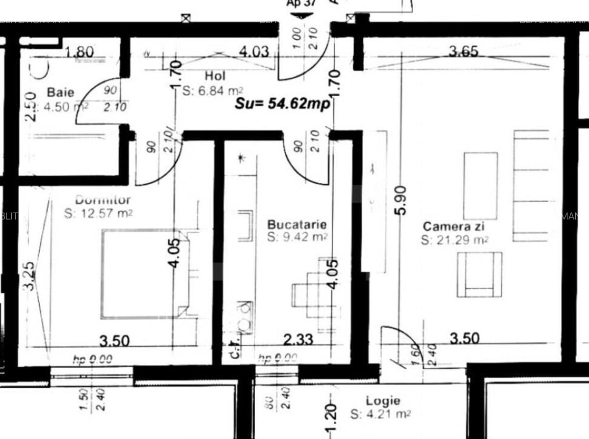 Apartament 2 camere, decomandat, 54mp utili, logie 4,21, zon - 1