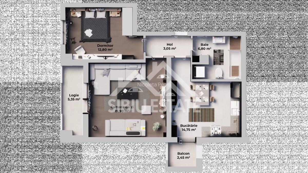 Apartament cu 2 camere, balcon+logie, s.utila 59,75 mp.-  loc de parcare - 2