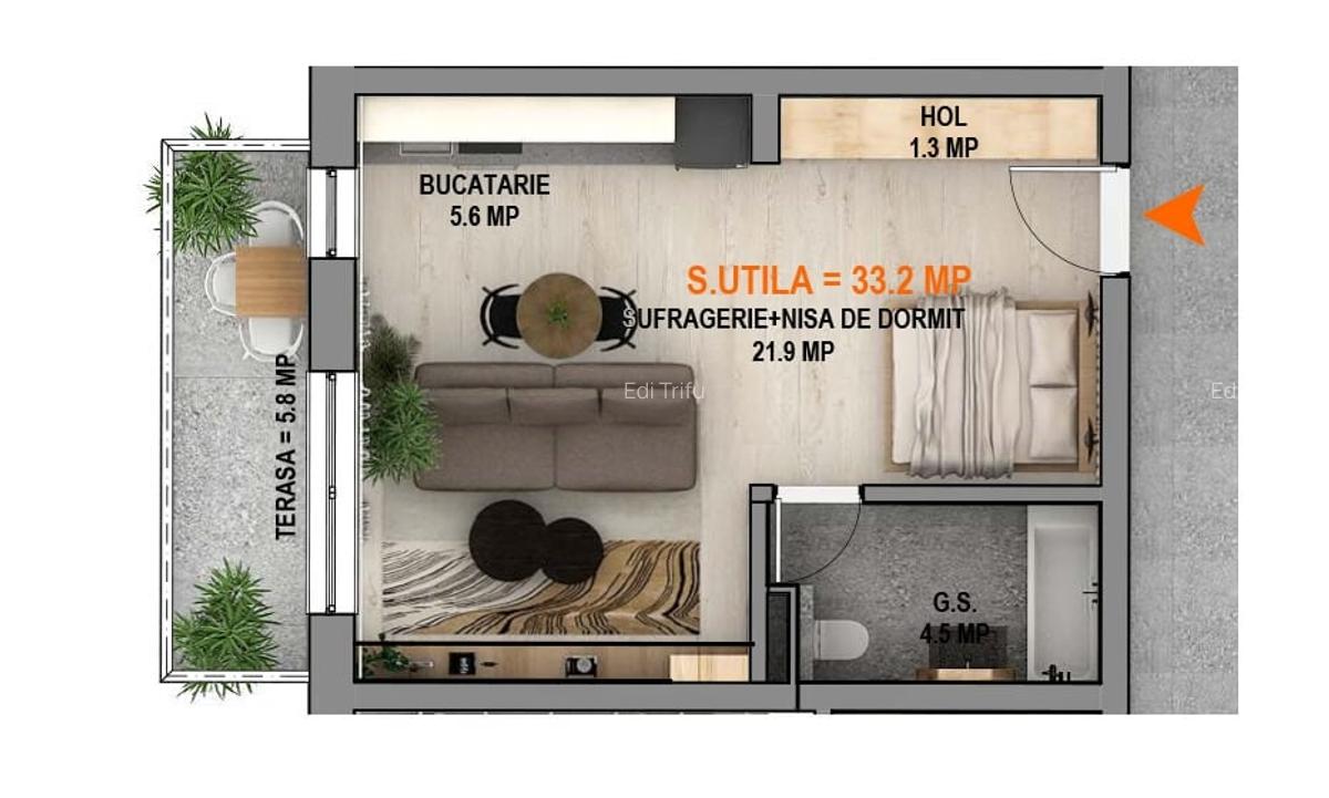 Studio 33mp utili, balcon 6mp, Calea Surii Mici-Magnolia - 6 Studio 33mp utili, balcon 6mp, Calea Surii Mici-Magnolia - 6