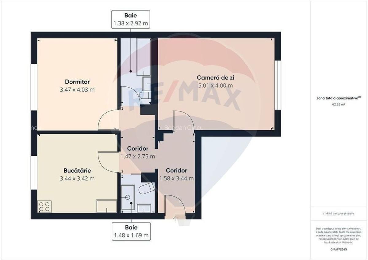 Apartament de inchiriat, 2 camere, 2 bai, zona 13 Septembrie - 17