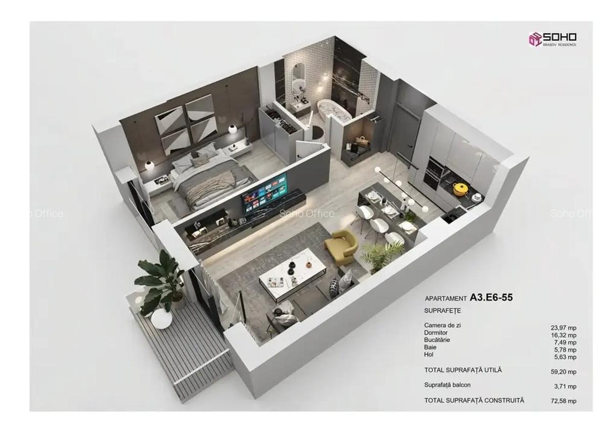 Apartament cu 2 camere semidecomandat în Tractorul - 1