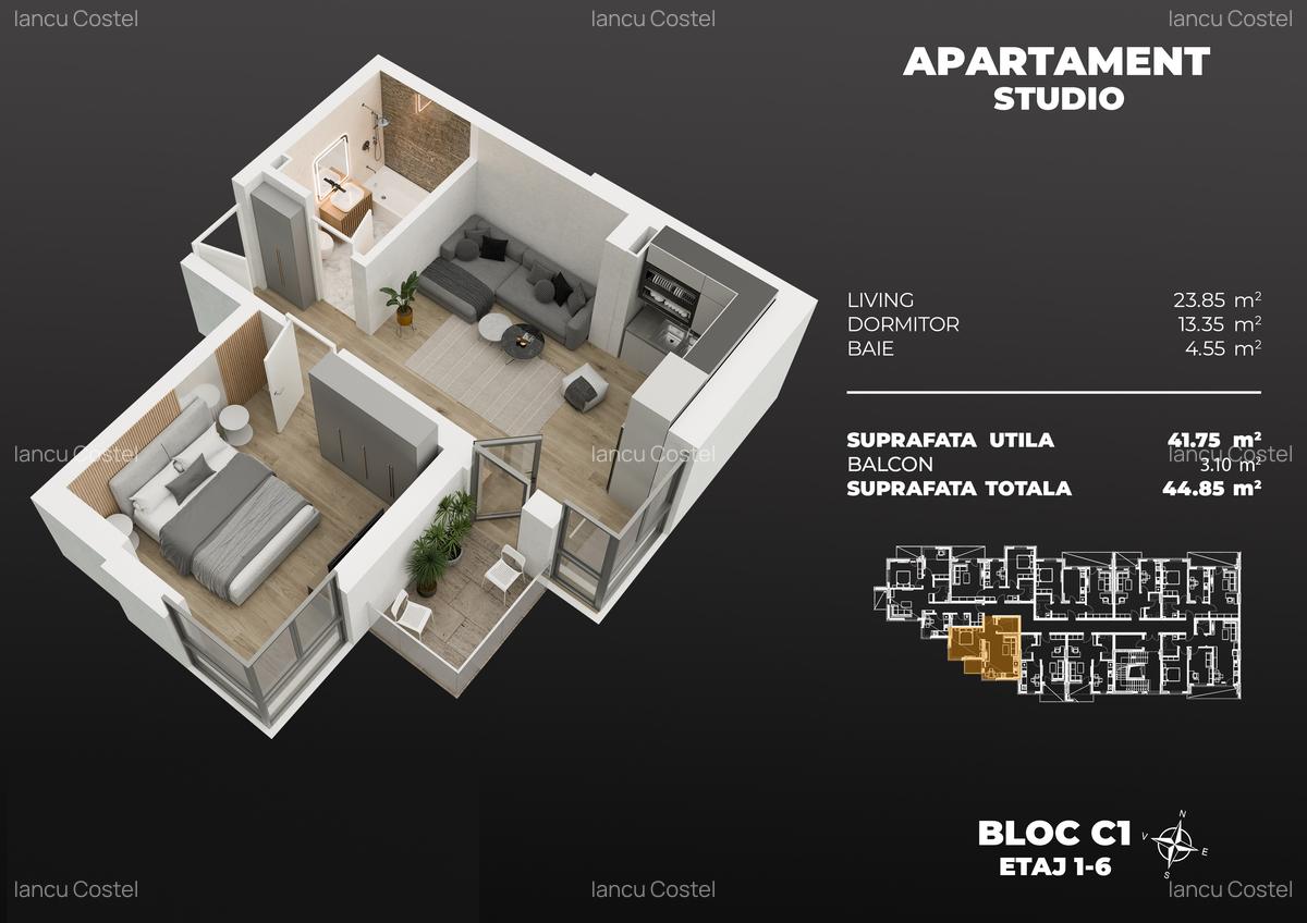 Studio modern 44.85 mp - Bloc Nou - METROU BERCENI 3 min - 2
