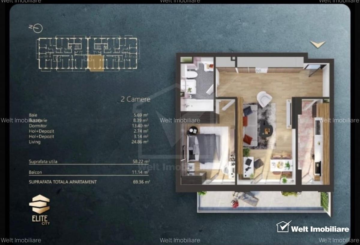 Apartament cu 2 camere, semifinisat, 58mp, etaj 2, Elite City - 1
