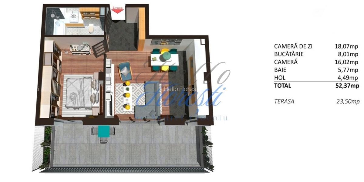 Apartament 2 camere cu terasa, finisat, 52 mp, Zona Teilor - 1