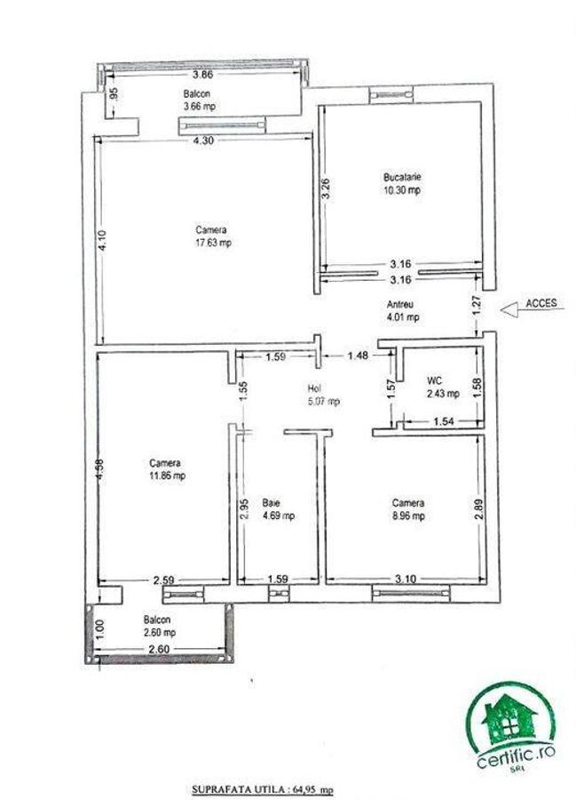 Apartament cu 3 camere, 2 bai, decomandat, etajul 2, cent... - 10