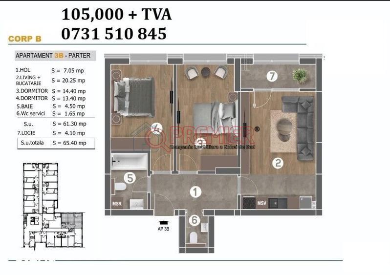 Apartament cu 3 camere semidecomandat în Central — fotografia 1