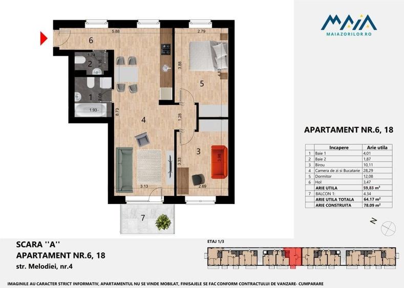 Apartament cu 3 camere semidecomandat în Zorilor