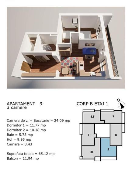 Apartament cu 3 camere semidecomandat în Central