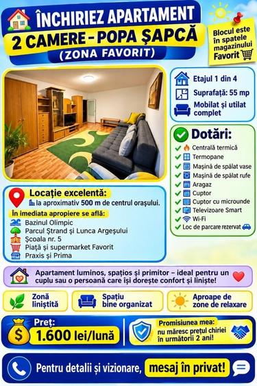 Apartament cu 2 camere decomandat în Popa Șapcă