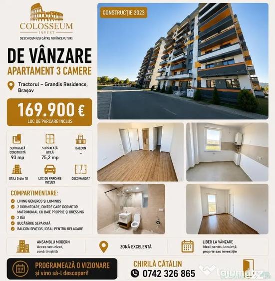 Apartament cu 3 camere decomandat în Tractorul