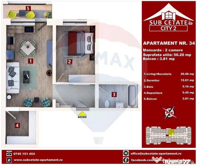 Apartament cu 2 camere semidecomandat în Sânpetru
