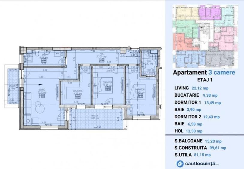Apartament cu 3 camere în Sisești