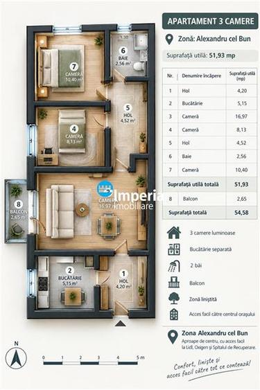Apartament cu 3 camere semidecomandat în Alexandru cel Bun