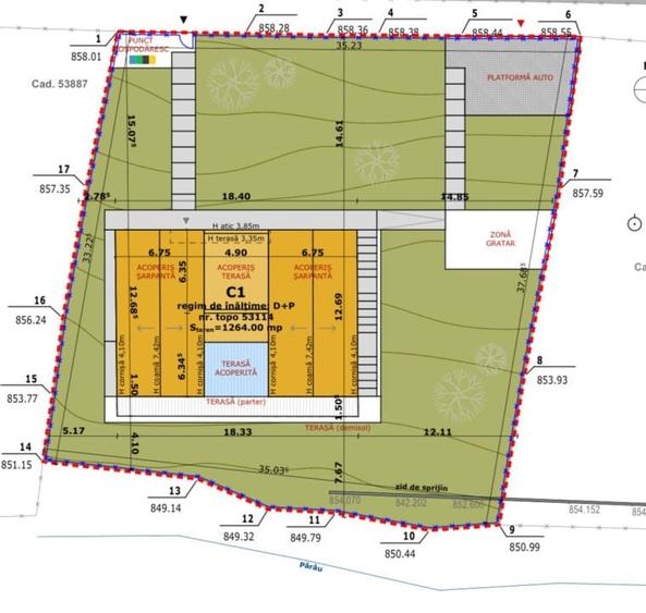 Teren cu autorizatie de constructie cu fundatie, 1264mp, 35 m front, B - 1