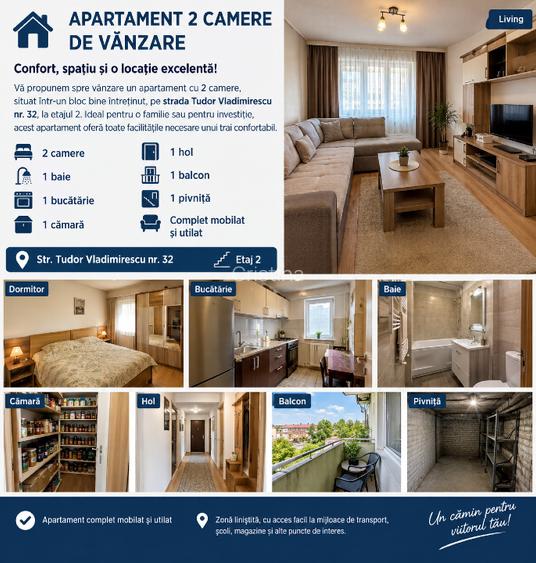 APARTAMENT CU 2 CAMERE DE VÂNZARE – MOBILAT ȘI UTILAT COMPLET