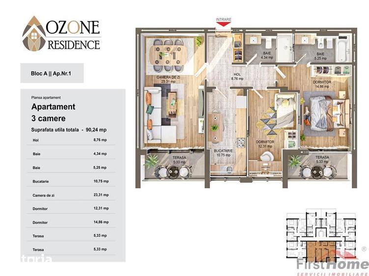 Apartament cu 3 camere în Nord