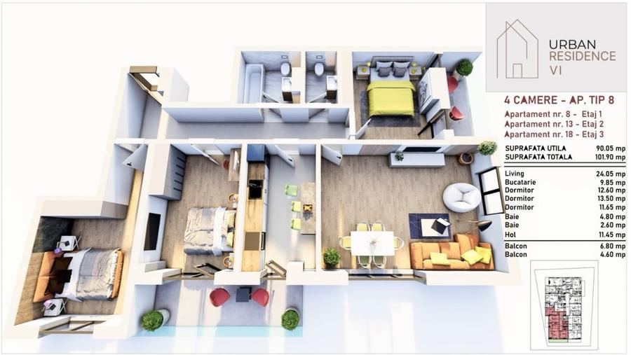 Apartament cu 4 camere decomandat în Central