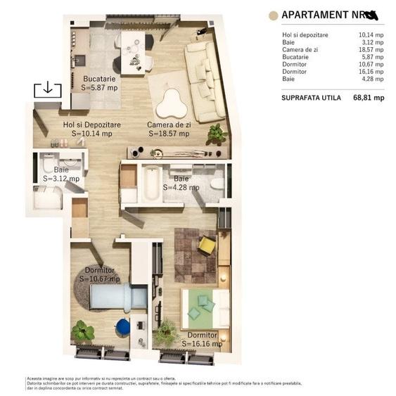 Apartament cu 3 camere semidecomandat în Central