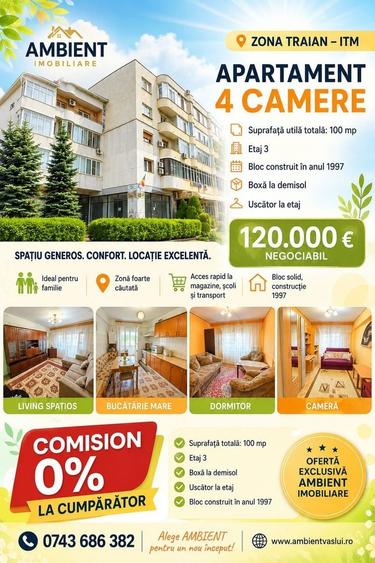 Apartament cu 4 camere decomandat, mobilat în Traian