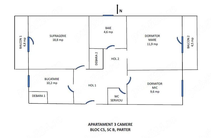 Apartament cu 3 camere decomandat în Central
