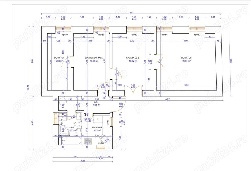 Apartament cu 3 camere semidecomandat în Ultracentral