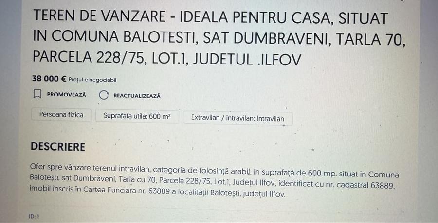 Teren de 600 mp, în Balotești