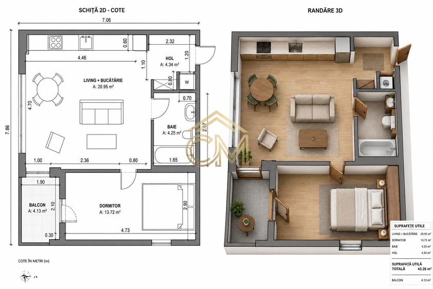 Apartament cu 2 camere în Cristian