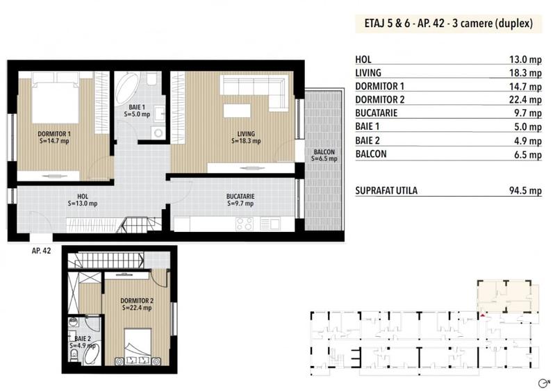 Duplex 3 camere etaj 5 & 6 Grand Arena Dealul Cucului. - 2