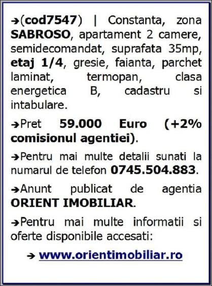 Sabroso, apartament 2 camere, etaj 1, vanzari Constanta - 4