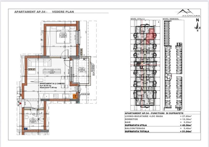 Apartament 2 camere , 45,56 mp, etaj 3 , zona Cetatii