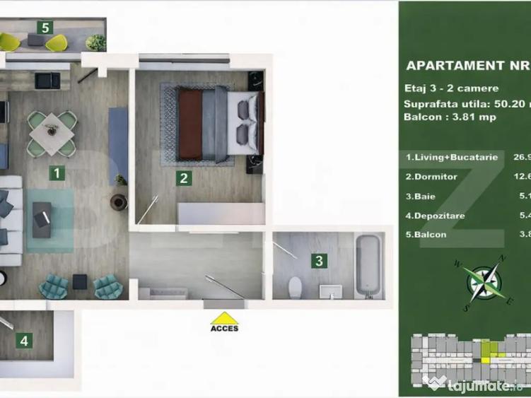Apartament 2 camere, living cu bucatarie open space, balco - 2