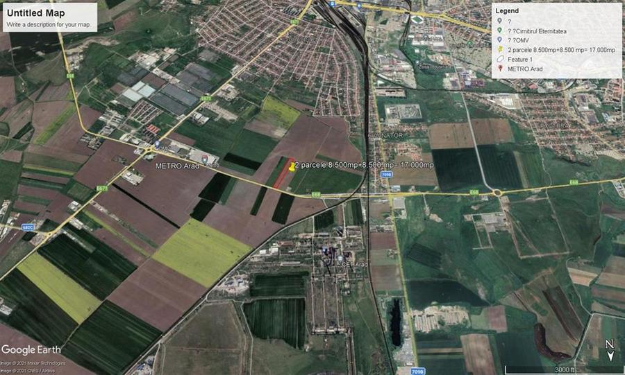 Teren intravilan 2 parcele de 8500 mp front la centura Aradului linga Metro - 9