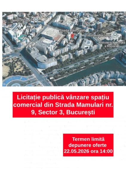 Licitație publică pt. vânzare spațiu comercial – Str. Mamulari nr. 9 – 20,5 mp - 12