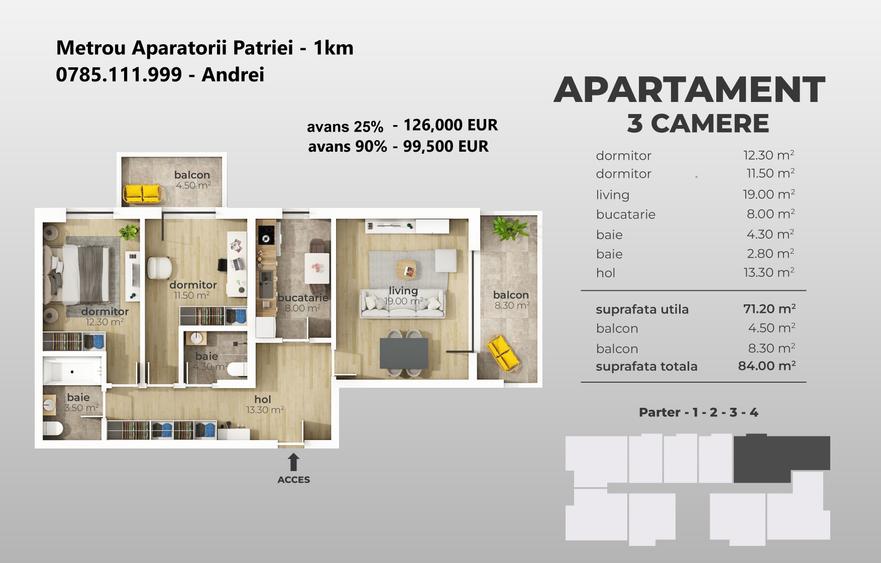 Metrou Aparatorii Patriei - 3 camere 2 bai 70mp - metrou 12 min - 2