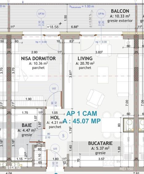 Apartament de 2 camere , 45,07 mp, semifinisat , EROILOR - 1