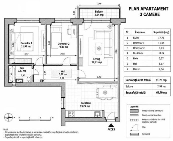 Apartament cu 3 camere decomandat, mobilat în Lujerului