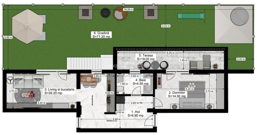 Apartament 2 camere parter curte  zona Grigorescu 72 mp