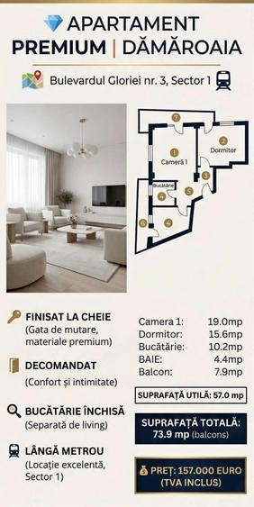 Oportunitate ! Ap 2 camere damaroaia -gloriei nr 3 sector 1 - langa metrou - decomandat - 2