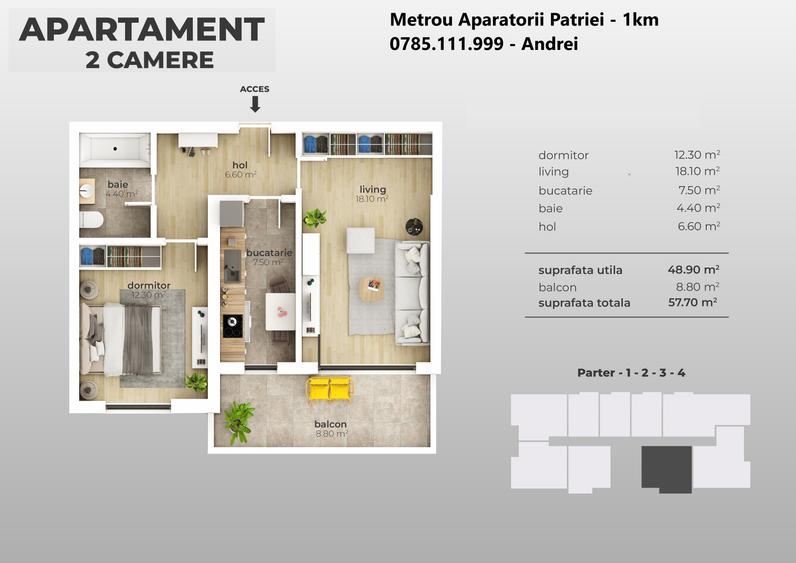 Metrou Aparatorii Patriei - studio 48.9mp - metrou 12 min - 9
