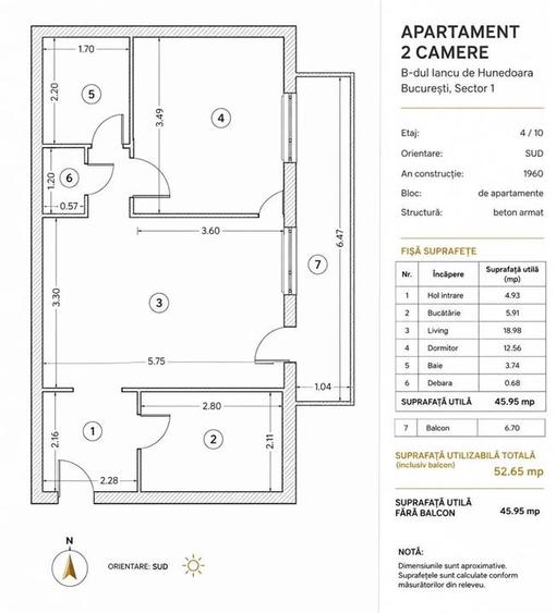 Apartament cu 2 camere semidecomandat în Central