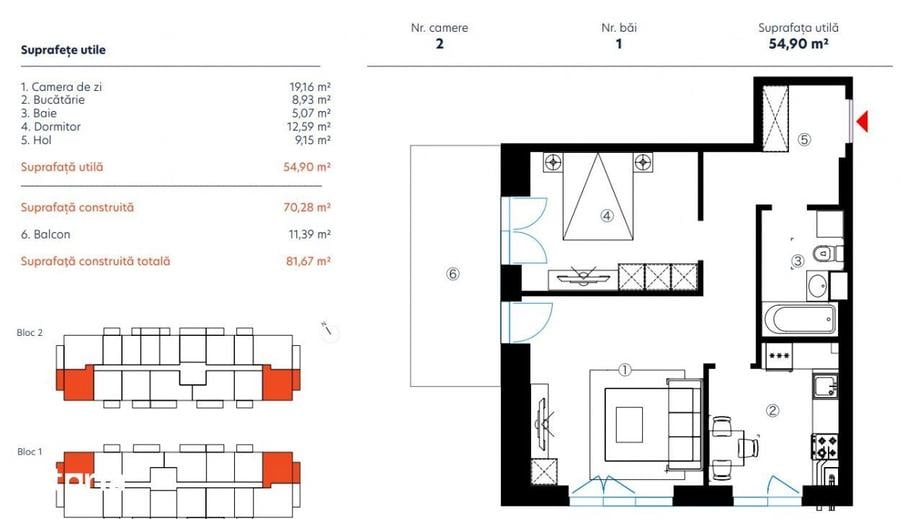 Apartament cu 2 camere în Industriilor