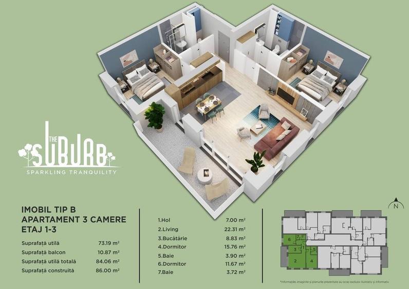 Apartament cu 3 camere decomandat în Nord