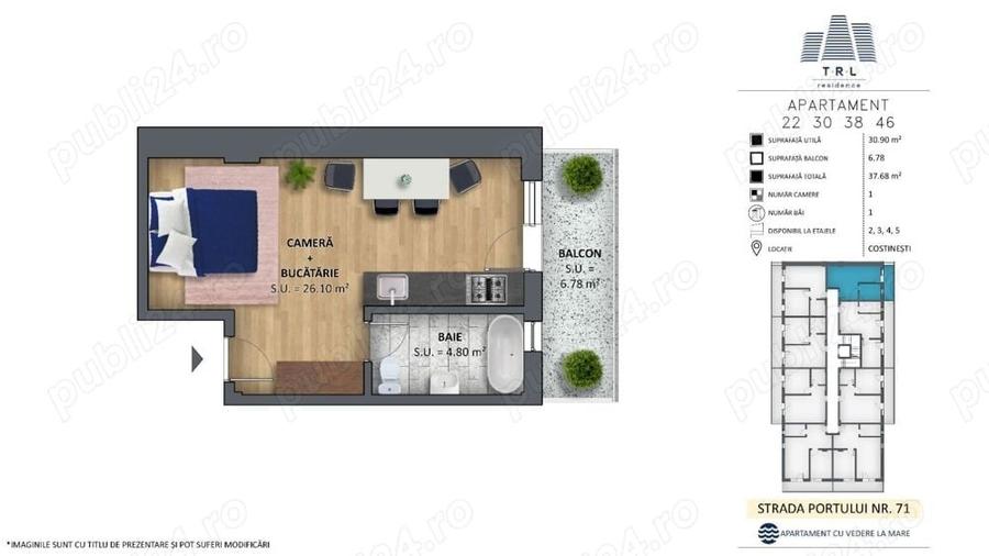 Apartament cu 2 camere semidecomandat în Costinești