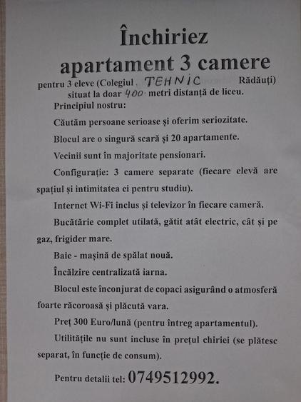 Apartament cu 3 camere semidecomandat în Central