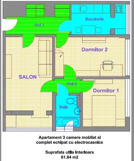 Apartament cu 3 camere circular, mobilat în Giurgiului