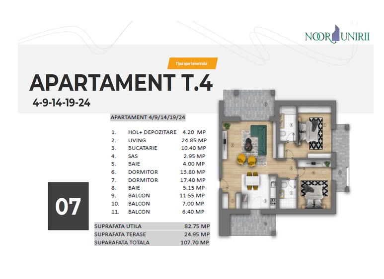 Apartament cu 3 camere decomandat în Unirii