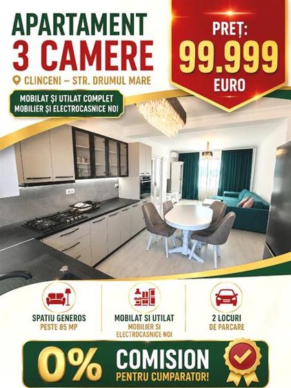 Apartament cu 3 camere decomandat în Clinceni