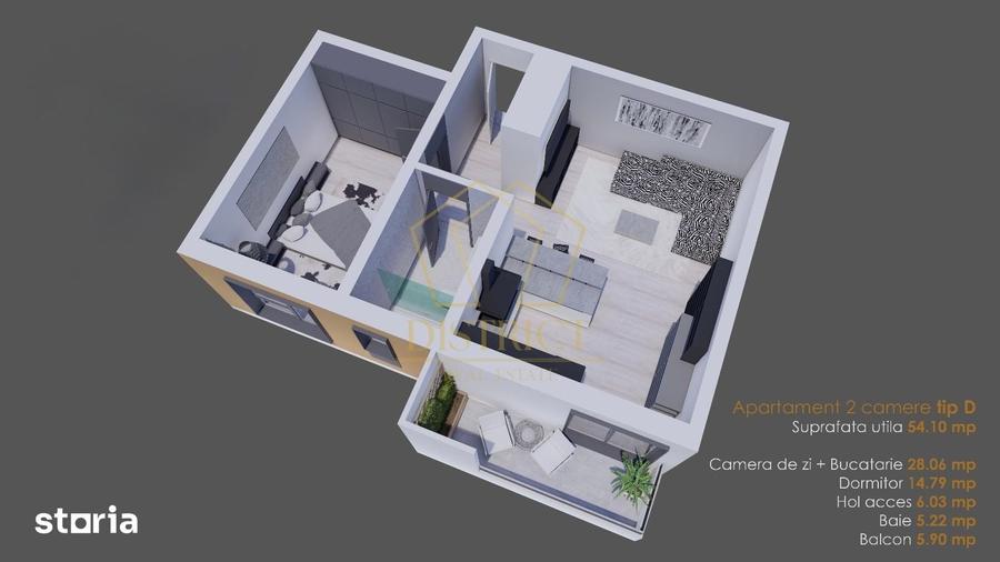 Apartament cu 2 camere, 54 mp utili la parter finalizat la asfalt in G - 9