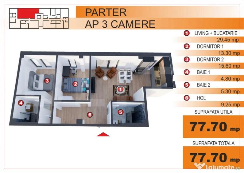 Apartament cu 3 camere în George Enescu
