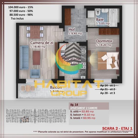 Pallady-2 Camere, decomandat, bucatarie inchisa, 60.95 mp. - 2